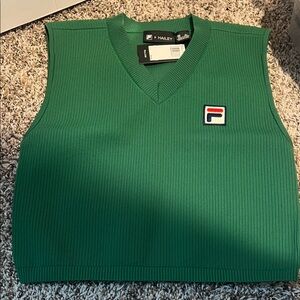 Fila Women's Green Ribbed V-Neck Sweater Shirt Logo. FILA X HAILEY COLAB